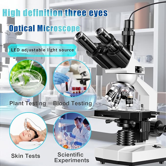 Trinocular Microscope 40X-5000X Magnification Laboratory Grade with Dual Mechanical Stage and HD USB Camera Microscope for Adults