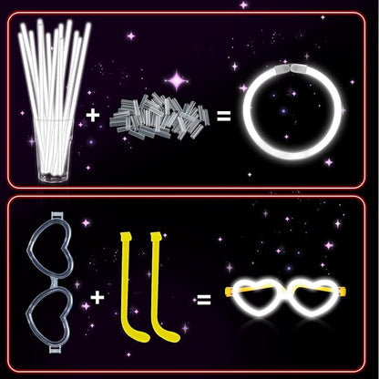 60 Pack 8??White Glow Sticks Bulk Bright Glow Sticks with 60 Connectors 20 Heart Glasses Glow In The Dark Party Supplies Neon Party Decorations Glow Bracelet Glasses for Carnival(White)