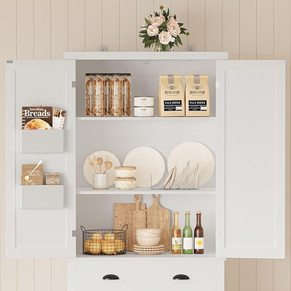 IRONCK Kitchen Pantry Storage Cabinet 83.9" H, with Barn Doors, Drawer, 4 Adjustable Shelves, Freestanding Cupboard for Dining Room Living Room, Laundry, White