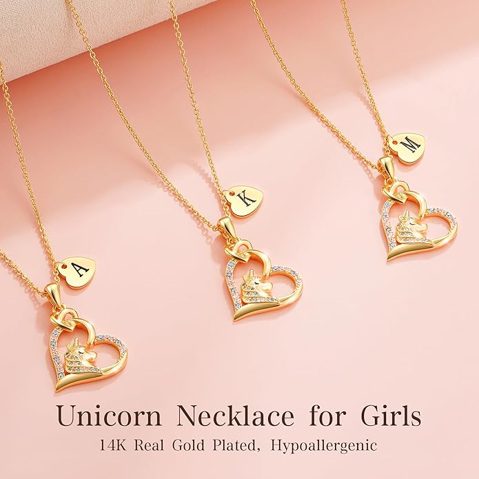 C-leen Unicorn Necklaces Gifts for Girls, 14K Gold Plated Colorful CZ Heart Initial Pendant Unicorn Necklaces for Girls Teens Jewelry Birthday Gifts