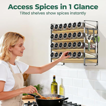 EsLuker.ly Spice Seasoning Rack Organizer Kitchen Countertop, 4 Tier Bamboo