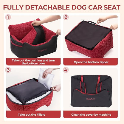 BurgeonNest Dog Car Seat for Small Dogs, Detachable and Washable Cat Carseats Under 25 lbs, Soft Pet Booster Seats with Storage Pockets and Clip-On Leash Portable Car Travel Carrier Bed, Black red