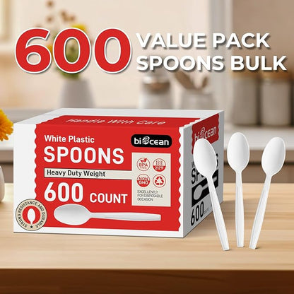600Pack Disposable Plastic Spoons Bulk White Heavy Duty Plastic Teaspoons - Value Pack Cutlery Set For Parties, Restaurant (600SPOONS)