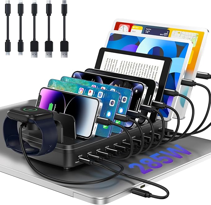 285W Charging Station for Multiple Devices, 10 Ports Fast Multi-Device Charger