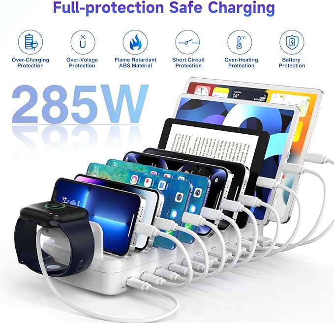 285W Charging Station for Multiple Devices, 10 Ports Fast Multi-Device Charger
