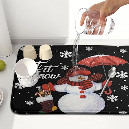 Winter Snowman Dish Drying Mat, Christmas Snow Dish Drying Mat