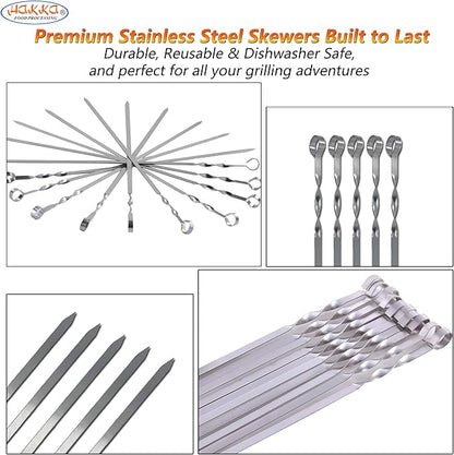 Hakka Stainless Steel Barbecue Skewers, 23" Heavy Duty Metal Skewers Large Wide Grilling Reusable Kabob Sticks with NonSlip Ring Handle,Set of 10