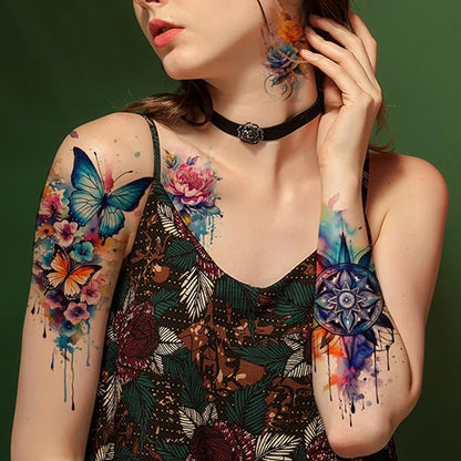 52 Watercolor Temporary Tattoos for Women Adults - Realistic 3D Floral Butterfly Phoenix Mandala Fake Tattoos Set, Waterproof Long Lasting Body Sticker for Parties Weddings (12 Large Tattoos Included)