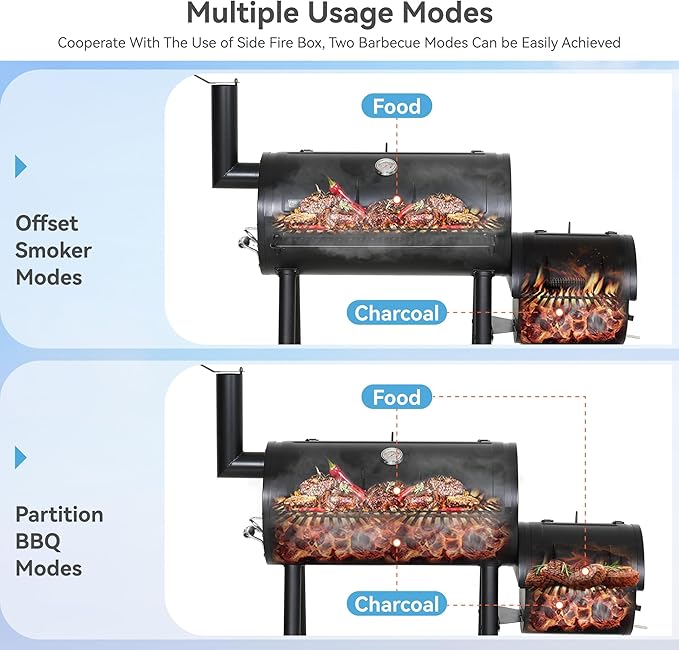 GREEN PARTY Offset Smoker Charcoal Grills with 28 Inch Cook Chamber, Barrel Smoker and Charcoal Grill Combo, 512 Sq. In. Space Barrel Smoker Grill for Outdoor BBQ Patio Backyard Cooking