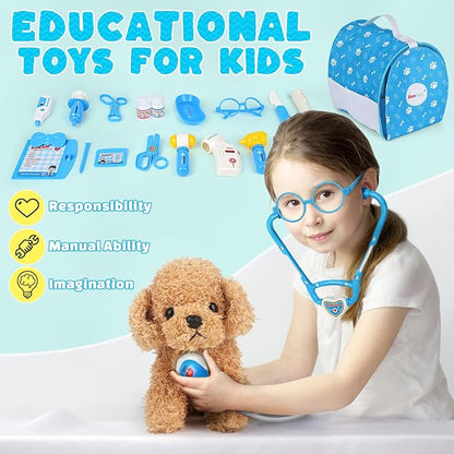 Doctors Set for Kids - Children Pet Vet Care Play Set with Doctor Costume, Plush Dog, Pretend Role Play Medical Kit Toys Gifts for 3 4 5 6 Year Old Girls
