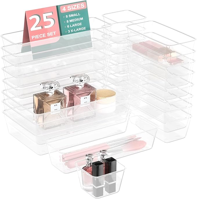 25 PCS Plastic Drawer Organizer Set, 4-size Clear Bathroom and Vanity Desk