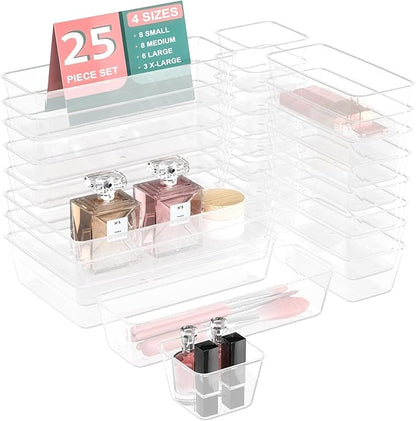 25 PCS Plastic Drawer Organizer Set, 4-size Clear Bathroom and Vanity Desk