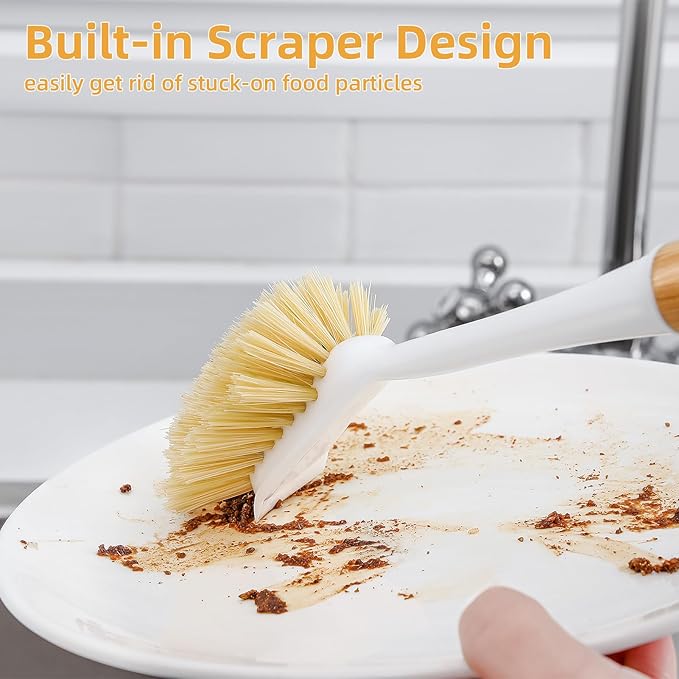 SUBEKYU Dish Brush with Bamboo Handle, Kitchen Dish Scrubber Built-in Scraper