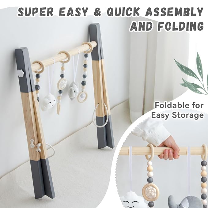 Wooden Baby Play Gym with Mat, Foldable Baby Play Gym Frame Activity Gym Hanging Bar with 5 Gym Baby Toys Playmats for Newborn Baby (Foldable Baby Play Gym with Mat)