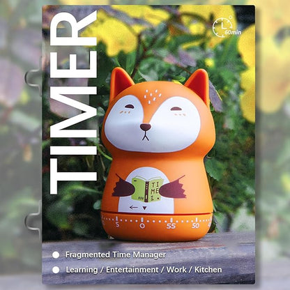 Cute Orange Fox Mechanical Kitchen Timer, 60-Minute Manual Wind Up Countdown