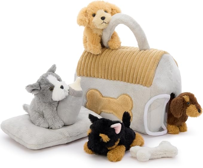 Muiteiur 8-Piece Dog House Plush Set, 9.8 Inch Plush Dog House Set with 4 Puppies, Magic Gate, Bottle, Bed Pad & Bone, Interactive Pet Toy for Kids