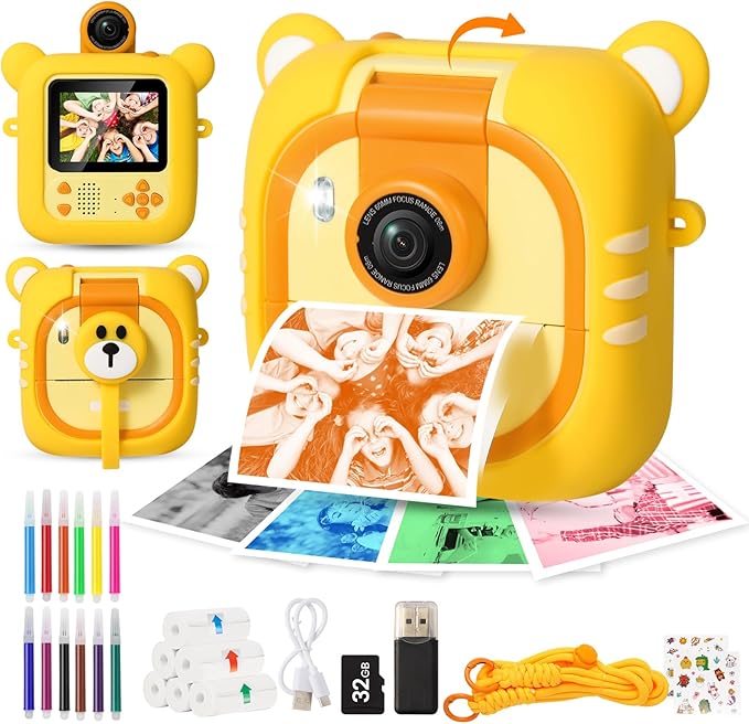Kids Camera Instant Print, 7 Print Paper (4 Color: O/R/G/B+3 B&W), 2.4" Screen Instant Camera for Kids Ages 3-12,1080P, 180°Flip Lens,32GB Card- Christmas Birthday Present for Boys & Girls,M2