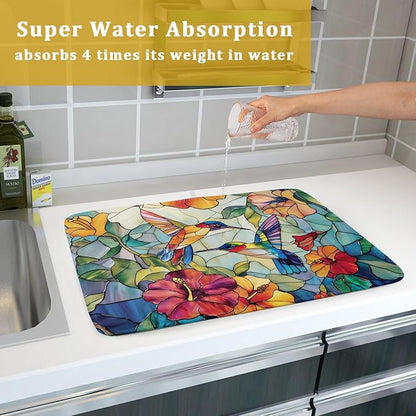 Spring Summer Dish Drying Mat for Kitchen Counter Hummingbird Microfiber