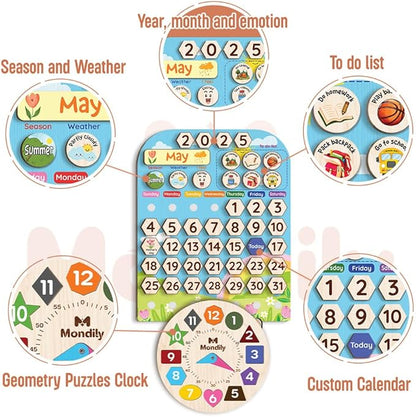 Interactive Calendar for Kids Ages 3+, Wooden Toddler Calendar, Teaching Seasons, Years, Months, Days of Week, Daily Activity Calendars for Kid Preschool & Homeschool (12 x 15 inches)