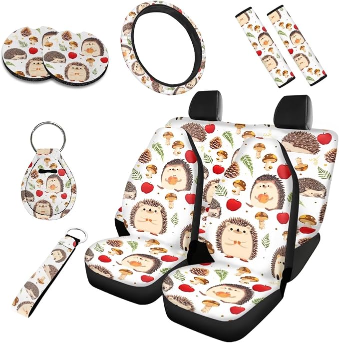 10 Pack Cartoon Hedgehog Car Seat Covers, Forest Mushroom Pinecone Auto Front and Rear Bench Seat Covers, Autumn Harvest Hedgehogs Seatbelt Covers Cup Mats