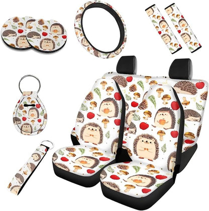 10 Pack Cartoon Hedgehog Car Seat Covers, Forest Mushroom Pinecone Auto Front and Rear Bench Seat Covers, Autumn Harvest Hedgehogs Seatbelt Covers Cup Mats