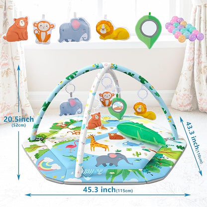 Baby Gym Play Mat, 8-in-1 Tummy Time Mat & Activity Gym Mat Ball Pit with Detachable Toys, Washable Infant Play Mat for Visual, Hearing, Sensory, Motor Development, Newborn Baby Toys Gift for Toddler 0-3-6-9-12 Months Easy to Install