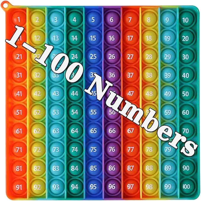 Large P0pp with Numbers, Rainbow Square Dimples Fidgett Ttoy 100 Bubble Math Toy Learning Tool for Teachers to Make Various Math Operations Poppers for Kids (1-100 Numbers)