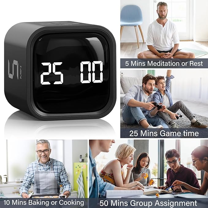 Rotating Pomodoro Timer 5, 10 50 Minutes Preset, Desk Productivity Flip Timer