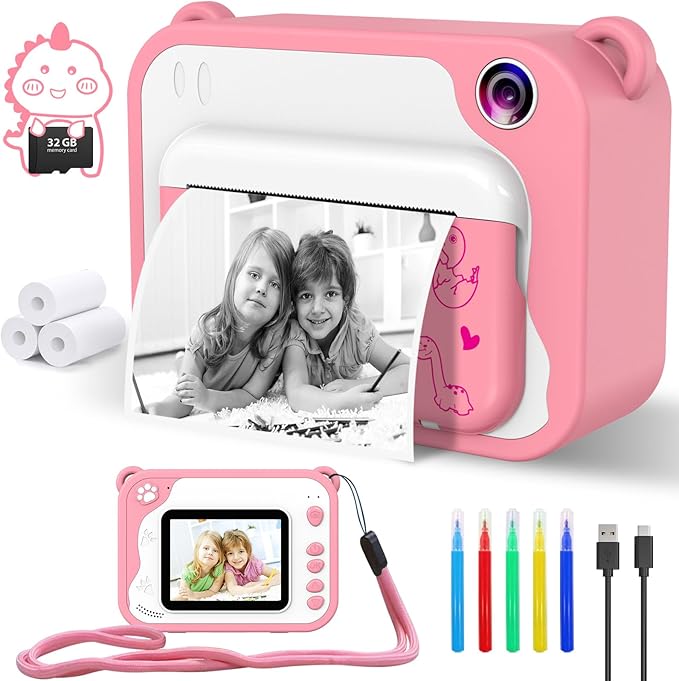 Kids Camera Instant Print, Dinosaur Kids Digital Toddler Camera,1080P with 32G SD Card, Kids Toy Birthday Gifts Portable Toy for 3-12 Year Old Girls Boys (Pink)