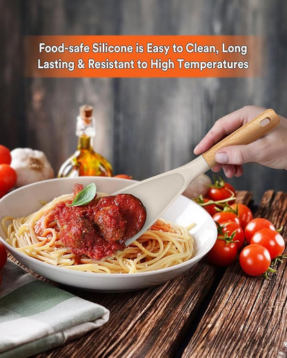 Cooking Spoon for Nonstick Cookwares, Great for Cooking and Serving Sturdy BPA-Free Matte Silicone, Wood Handle Spoon for Mixing, Scoop, and Scrape (2 Pack of Khaki, 11.4 inch)