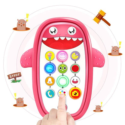 Baby Shark Cell Phone Toy Removable Teether Case, Light, Music & Adjustable Volume Kids Play & Learn Fake Phone Infant Toddler, Preschool Holiday Birthday Presnet for Girl Boy 12 Months (Red)