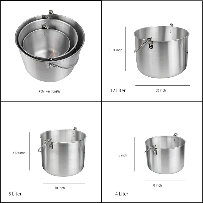 AceCamp Nested Pot Aluminum Lightweight Cooking Pot Set Outdoor Large Stock with lid and folding handle - 4L,8L,12L