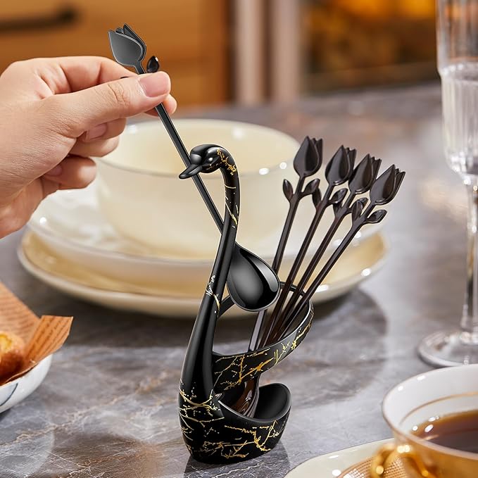 Black Small Coffee Spoon Holder Set, Swan Base