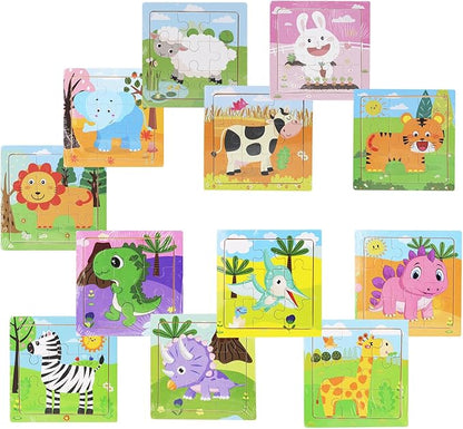 12 Pack 3.54" Mini Wooden Animal Jigsaw Puzzles for Kids Ages 2 3 Toddlers 9 Pieces Preschool Educational Puzzles Learning Travel Jigsaw Puzzle Toys Gift for Boys and Girls