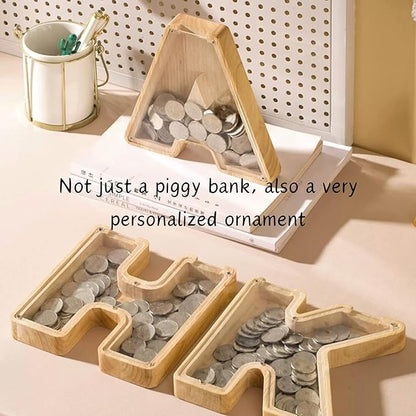 Wooden Alphabet Piggy Bank Clear Acrylic Panel Coin Savings Box Personalized Money Bank for Kids Boys Girls Adults, Birthday Home Décor(D)