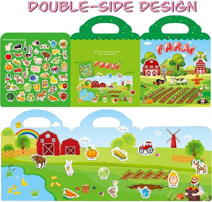 Reusable Sticker Book for Kids, Farm Stickers Educational Learning Toys Travel Stickers Activity Books for Toddler Girls Boys Age 3+ Birthday Gifts