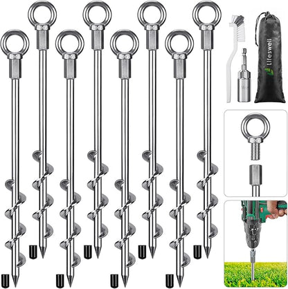 12 Inch Ground Anchors, 8 Pcs Heavy Duty Tent Stakes, Easy to Install and Reusable, for Camping Tents, Trampolines, Sheds, Swing Sets, Securing Animals