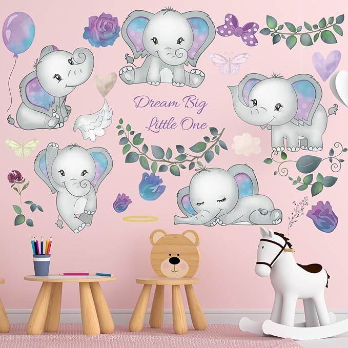 Wall Decals Stickers Dream Big Little One Elephant Wall Stickers Wall Murals Peel and Stick Removable Purple Rose Elephant Wall Decor for Baby Shower Room Nursery Boys Girls Bedroom Playroom Classroom