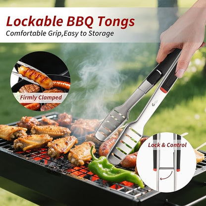 BBQ Tools Set, Heavy Duty Stainless Steel Spatula, Fork & Tongs with Portable Bag, Essential Accessories for Barbecue Outdoor Grill, Grilling Gifts for Men Dad Camp Chef