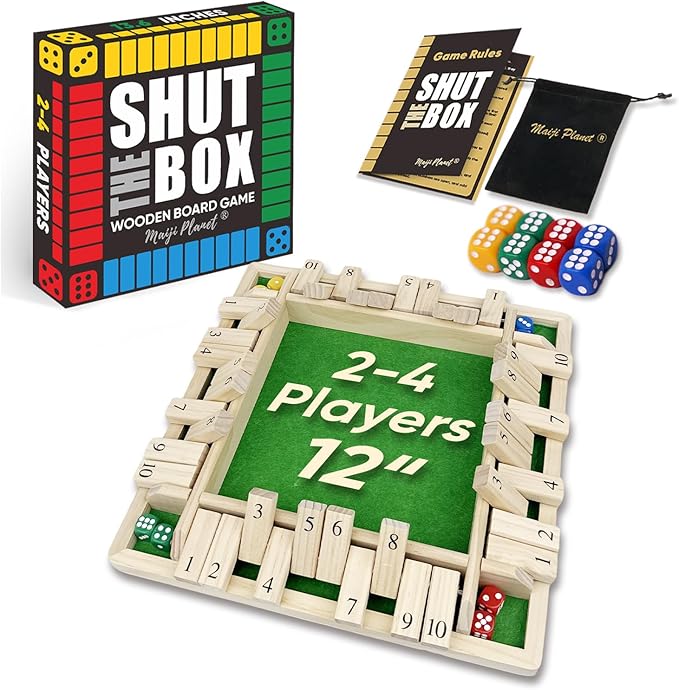 12" Upgraded Shut The Box Game, Math Dice Board Game for Family Night Classroom Travel, Wooden Table for Group Kid Adult Senior, Travel Party Bar, Easy Quick and Fun, 2-4 Players