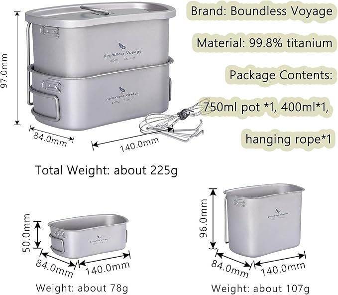 iBasingo Titanium Canteen Mess Kit with Folding Handle Hanging Ring Ultralight Portable for Lunch Outdoor Camping Hiking