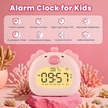 Axolotl Alarm Clock with Night Light for Kids – Cute Digital Sleep Trainer with LED Display, 3 Alarms, Countdown Timer, Adjustable Brightness – Rechargeable Bedside Clock for Boys and Girls