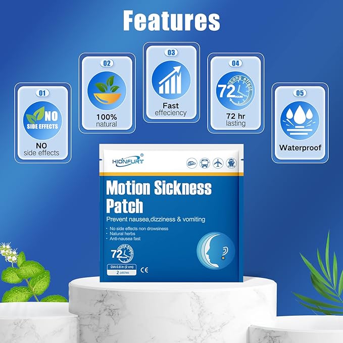 Hionfurt 16ct Motion Sickness Patches – Sea Sickness Patches for Cruise, Car, Airplane, and Other Travel – Non-Drowsy, Effective, Lasts 72 Hours