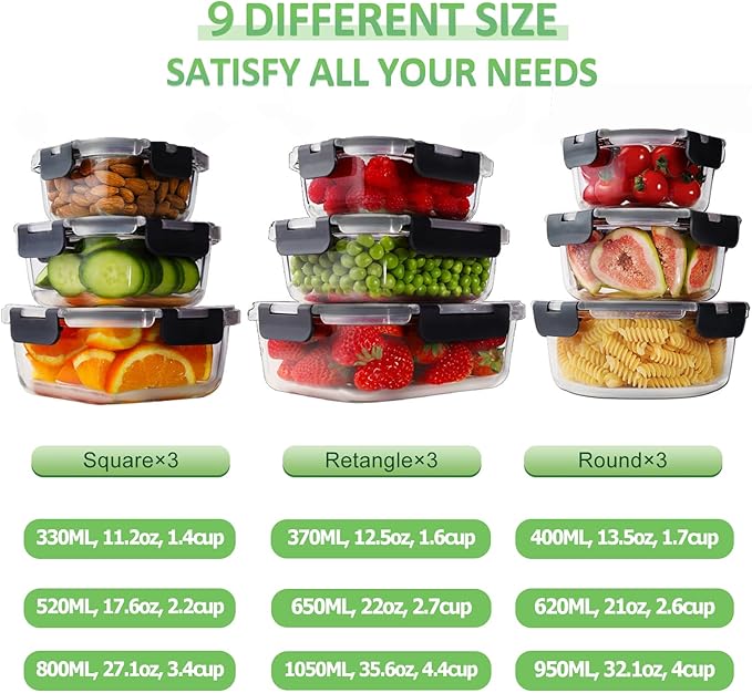 HOMBERKING 18 Piece Glass Food Storage Containers