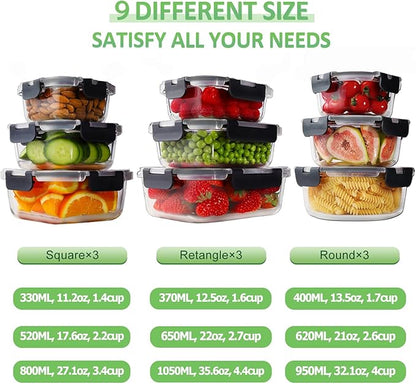 HOMBERKING 18 Piece Glass Food Storage Containers