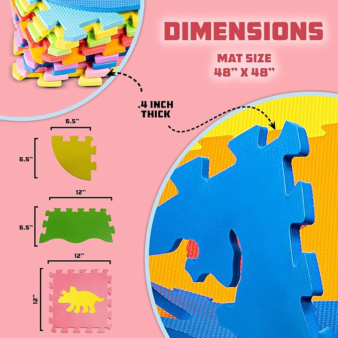 TOYVELT Foam Puzzle Floor Mat for Kids 48x48-25 Interlocking Dinosaurs Play Mat Tiles Multicolor - Educational Large Puzzle Foam Floor Tiles for Crawling