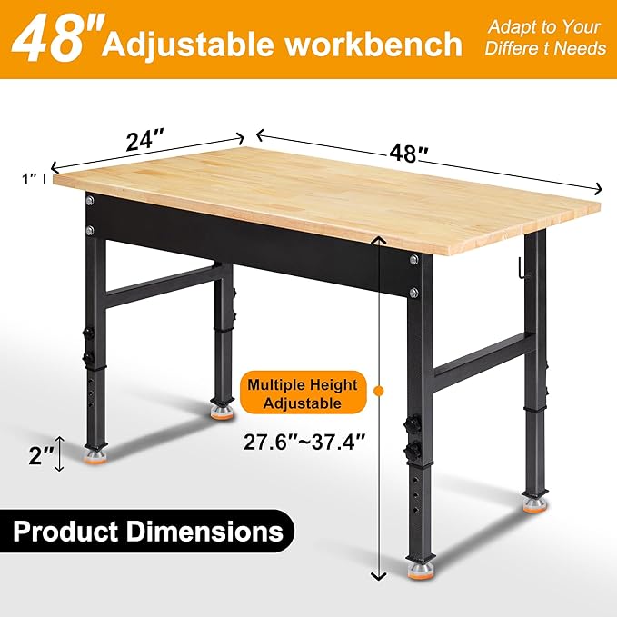 48" Adjustable Work Bench, Rubber Wood Top Workbench Heavy-Duty Work Table, 2000 LBS Load Capacity Hardwood Work Benches for Garage, Workshop, Home, Office, Easy Assembly