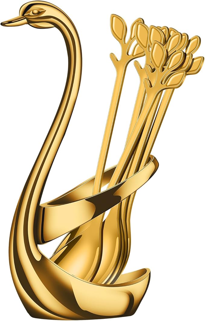AnSaw Gold Small Coffee Spoon Holder Set, Swan Base