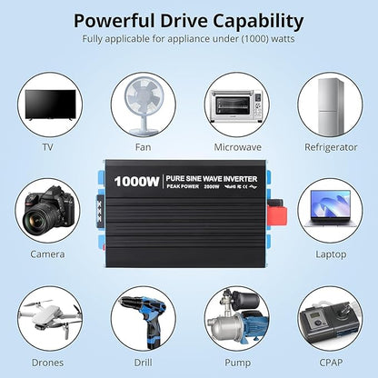 1000W Pure Sine Wave Inverter, 1 USB Port 5v/2.1a, LCD Display&Remote Controller