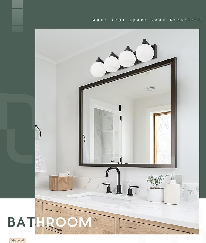 METWET Bathroom Light Fixtures, 4 Light Matte Black Vanity Light, 26 Inch